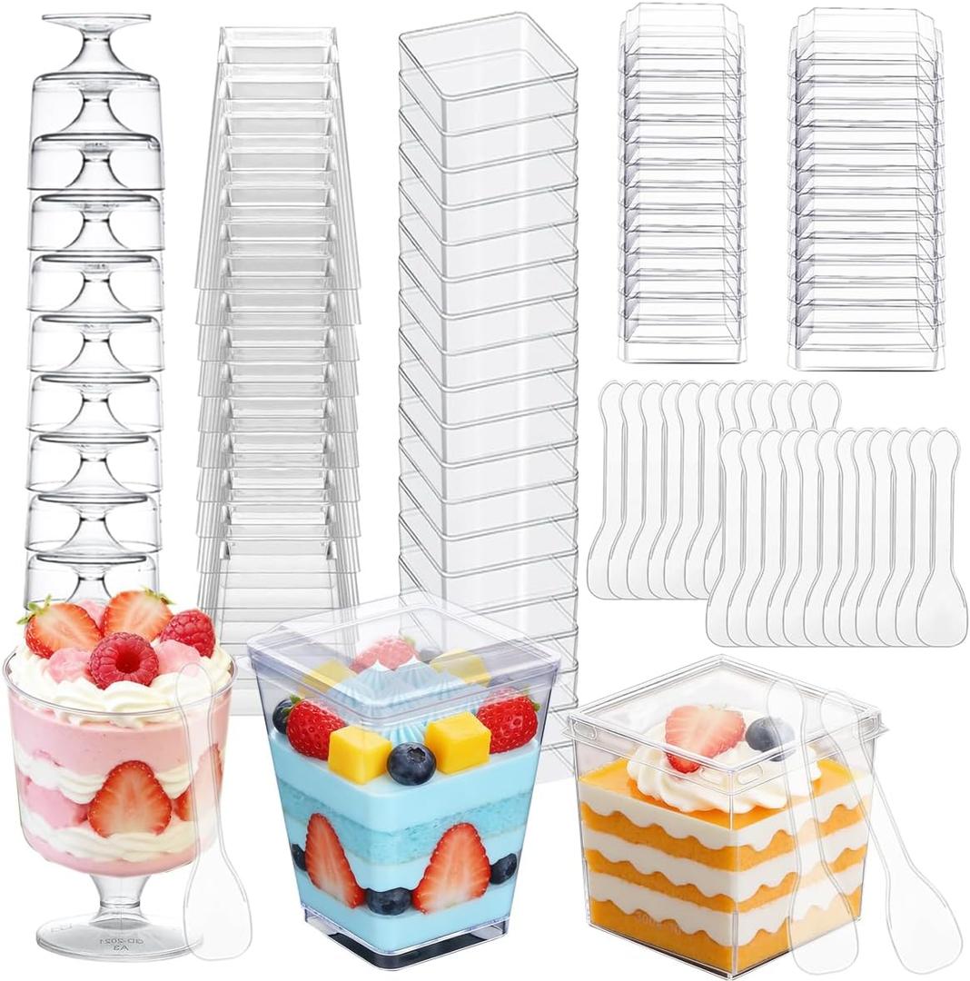 340 Pack Plastic Mini Dessert Cups with Lids and Spoons,5oz Clear Yogurt Parfait Cups,Appetizer Cups for Party,Reusable Square and Round Goblet -Shooter Cups for Ice Cream Fruit Cake Pudding Cups