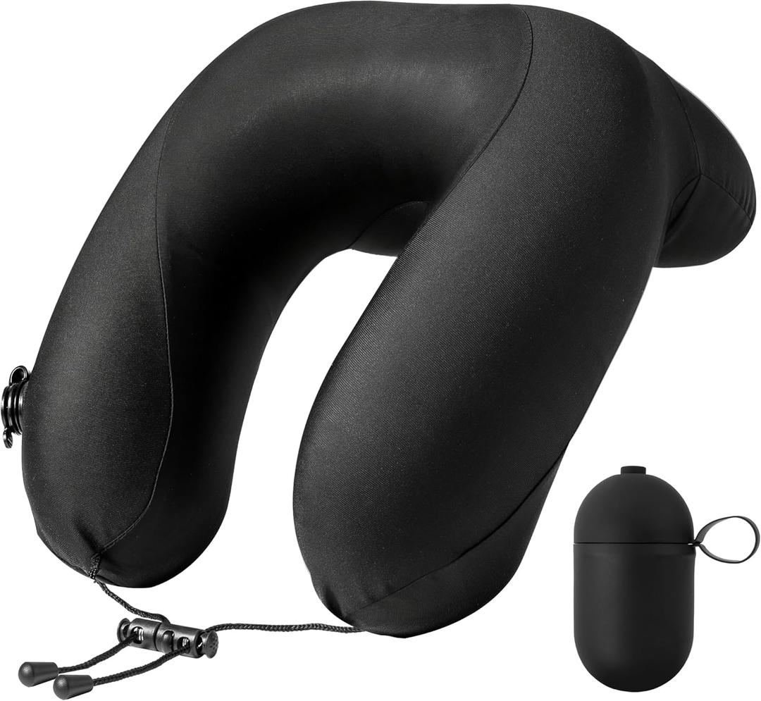 Inflatable Travel Neck Pillow for Airplane with Adjustable 360 Head & Neck Support, 2-in-1 Air Pump and Storage Bag, Soft Removable Washable Cover for Airplane, Train, Office (1, Black)