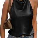 Cicy Bell Women Summer Satin Halter Tank Tops Y2k Going Out High Mock Neck Backless Cami Shirts Cute Party Camisole Tops (Black, XL)