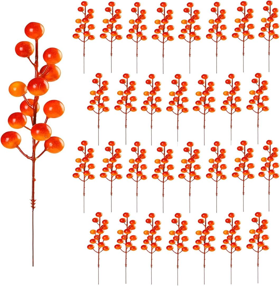 32 Pack Fall Berry Stems, Fall Floral Picks and Sprays 8 Inch Orange Artificial Berry Branches for Autumn Thanksgiving Home Decorations