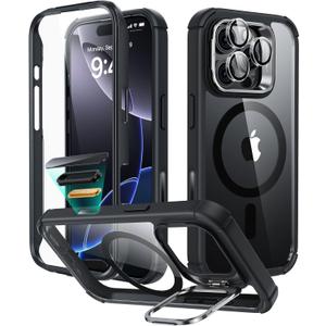 ESR for iPhone 16 Pro Case with Stand, Camera Control Button Compatible with MagSafe, Full-Body Military-Grade Drop Proof Case with Built-in 9H+ Tempered Glass Screen Protector, Clear Black