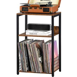LELELINKY 3 Tier End Table, Record Player Stand with Storage Up to 100 Albums, Turntable Stand for Vinyl, Brown Records Shelf for Living Room Bedroom (Medium)