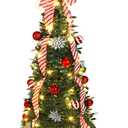1 Set 5ft Pre-lit Pop up Christmas Tree with Lights Artificial Collapsible Foldable Christmas Pencil Tree Gold Red Ribbon Balls Ornaments for Xmas Holiday Party Garden Home Wedding Decor