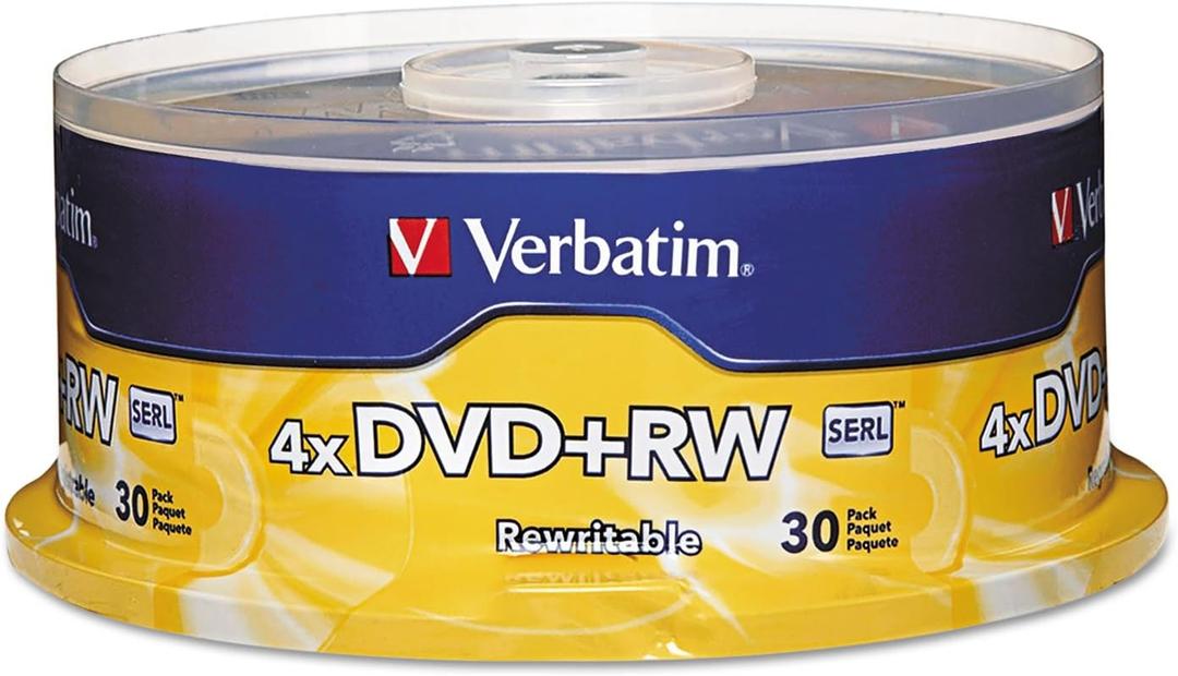 Verbatim DVD+RW Blank Discs 4.7GB 4X Recordable Discs - 30pk Spindle 94834, Silver