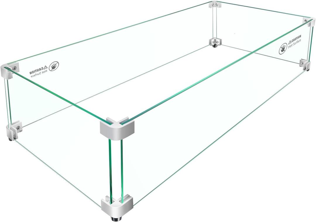 Fire Pit Wind Guard - 30" x 14" x 7" Rectangular for Outdoor Gas Fire Pit Table, Thick & Durable Tempered Glass w/Hard Aluminum Corner Brackets, Easy Assembly