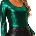 Allegra K Metallic Blouse for Women's Sparkly Party Shiny Bishop Sleeve Glitter Tops, X-Small, Green
