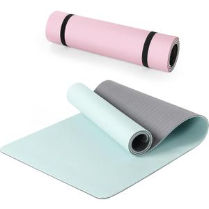 Woanger 2 Pack Yoga Mats (72x24) 3/8 Inch Thick Exercise Yoga Mat for Home Workout with Strap Non Slip Pilates Gym Supplies for Women Men(Pink, Green,Tape)