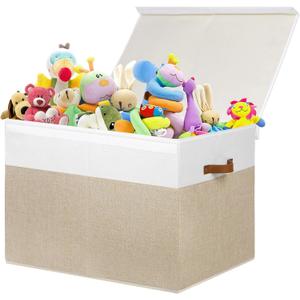 Gowee Large Toy Storage Box with Lid, Sturdy Toys Storage Chest Bin Organizer Basket with Dividers for Kids, Boys, Girls, Nursery, Closet, Bedroom, Playroom 26"x17" x17" (Beige and White)