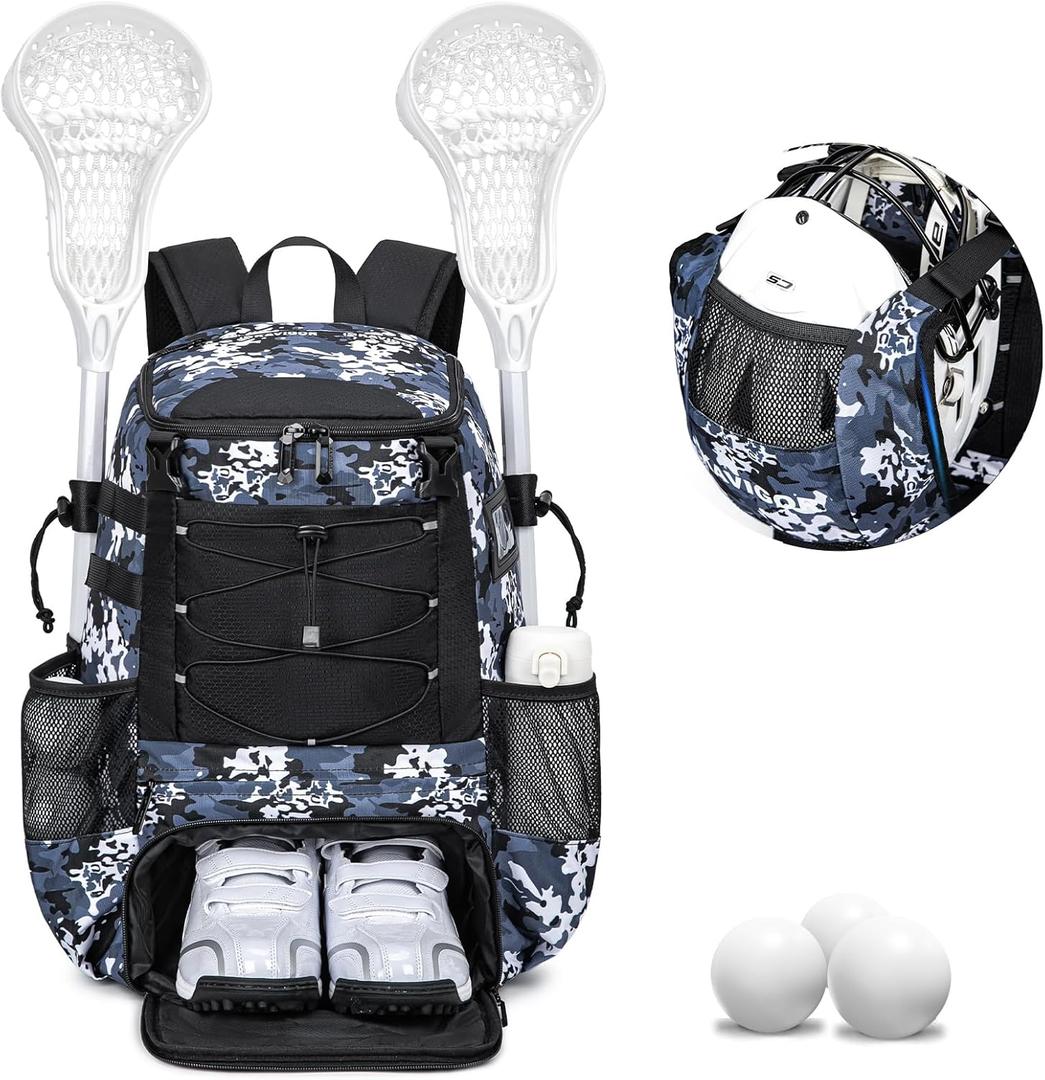 KAVIGOR Lacrosse Bag for Kids and Youth, Lacrosse Backpack with Helmet Holder and Shoes Compartment, Waterproof Field Hockey Gears Bag for Boys & Girls (Large, Camo Blue)
