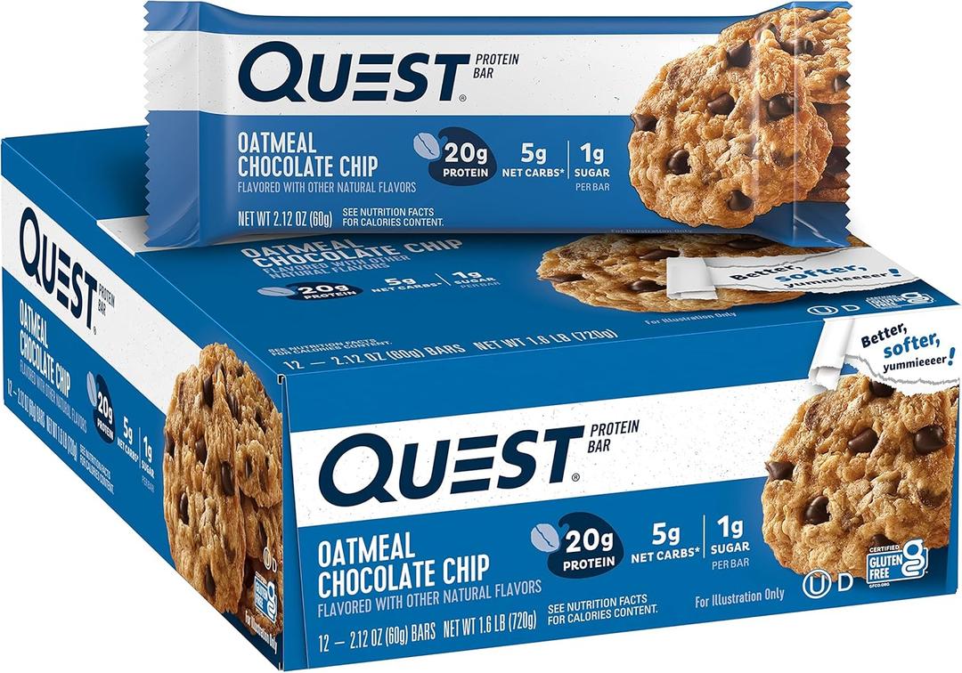 Quest Nutrition Oatmeal Chocolate Chip Protein Bars, 20g Protein, 1g Sugar, 5g Net Carb, Gluten Free, Keto Friendly, 12 Count, BB Date 04/16/2026