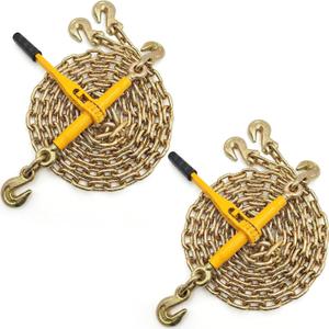 KJE (2) Ratchet Chain Binders 5/16" -3/8" Grade 70 + (2)5/16"10' Chains, Heavy Duty Chain and Ratcheting Binder Set WLL 5,400 Lbs, Suitable for Tie Down, Hauling, Towing