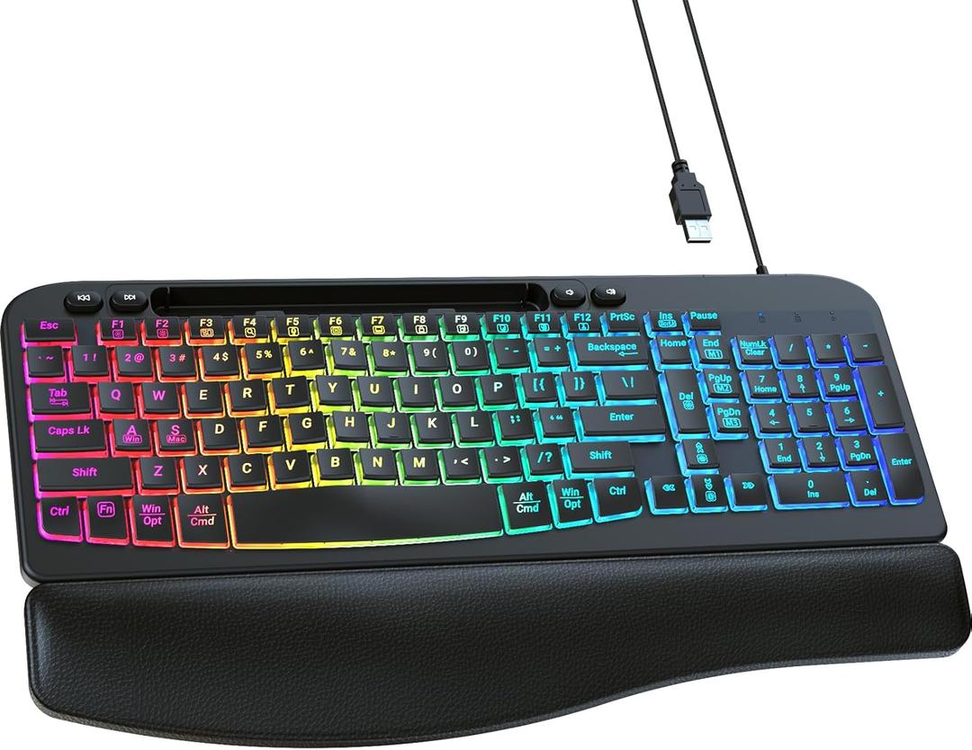 VEILZOR Wired Ergonomic Keyboard, 7-Color Backlit USB Computer Keyboard with Wrist Rest, Wave Keys, Phone Holder, Lighted Keyboard Compatible with PC, Laptop, Windows, and Mac (Black)