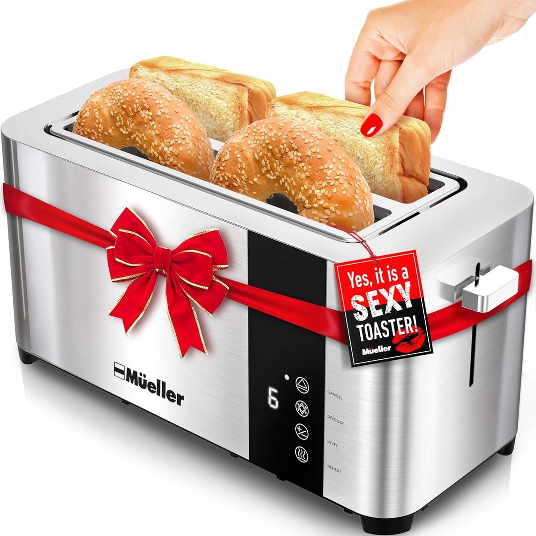 Mueller UltraToast Full Stainless Steel Toaster 4 Slice, Long Extra-Wide Slots for Bagels and Waffles, 6 Browning Levels, LED Display, Cancel/Defrost/Reheat Functions & Removable Tray, Kitchen Gadgets