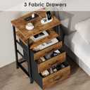 Nightstand with Charging Station, LED Night Stand with Drawers (Fabric), Bedside Table with Open Shelf, End Table with Steel Frame, 3 Drawer Dresser for Bedroom, Small Space, Rustic Brown