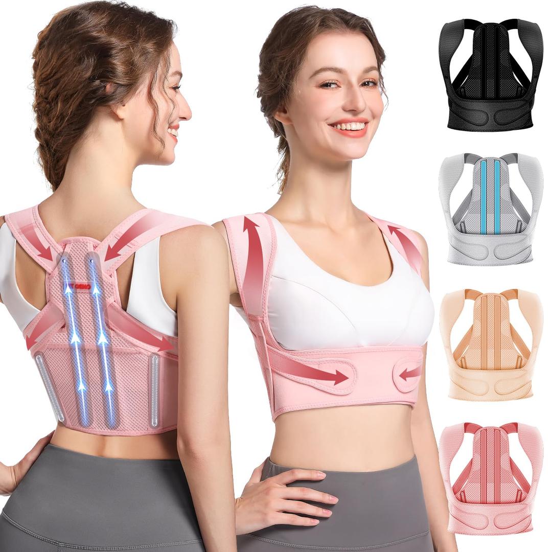 Fit Geno Posture Corrector for Women: Adjustable Lightweight Upper Back Brace for Neck Shoulder & Upper Back Pain Relief - Improve Posture Correct Hunchback Slouching Kyphosis Invisible Under Clothes (M/L Under Bust 32"-45"), Pink