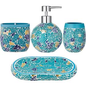 Handmade Blue Mosaic Glass Bathroom Accessory Sets 4PCS Bathroom Accessories Set Complete Includes Lotion Dispenser Toothbrush Holder Tumbler Cup & Vanity Tray