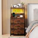 SZLHANJZ Night Stand, Nightstand with Charging Station and Led Lights, 3 Drawers Night Stand with Storage Shelf and Hooks, Tall End Side Table for Bedroom, Rustic Brown