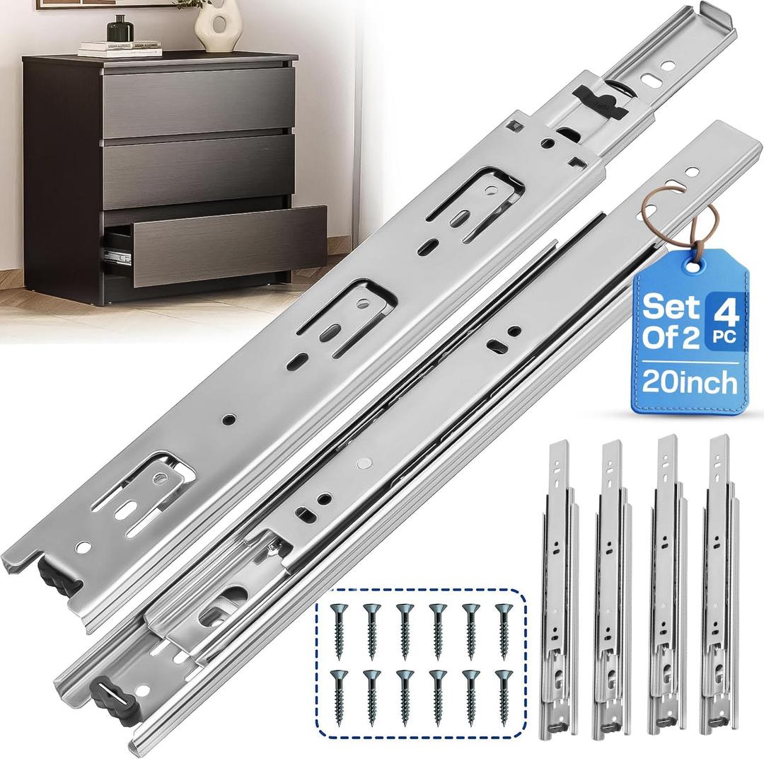20 Inch Drawer Slides 2 Pairs (4pcs) Heavy Duty Full Extension Ball Bearing, Side Mount Drawer Rails, 20" Drawer Slide Glides for Dresser, Cabinet, Kitchen -Draw Slides Sliders 100LB Capacity