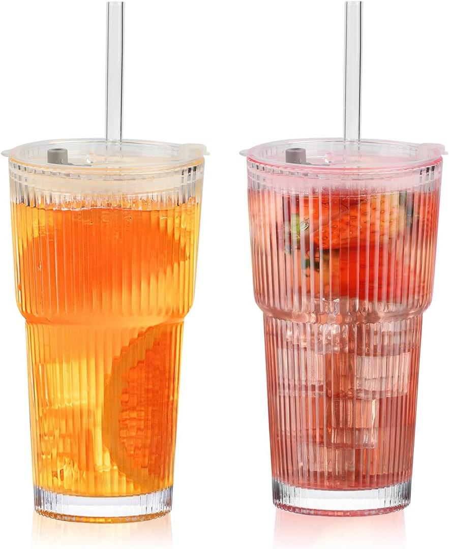 20oz Ribbed Glass Cups with Lids and Straws, Vintage Glass Tumbler with Straw, 2 Piece Iced Coffee Cups Set, Thicked Wall Drinking Glasses Ideal for Coffee, Smoothies, Juices Matchas (clear-2 pack)