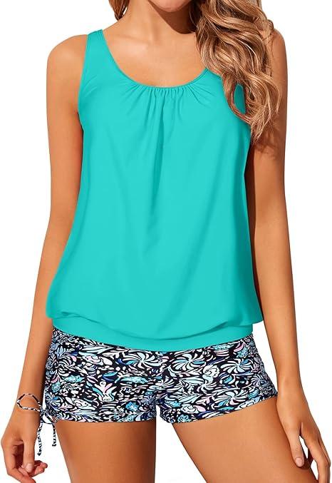 Yonique Blouson Tankini Swimsuits for Women Two Piece Bathing Suits Tops with Boyshorts Modest Loose Fit Swimwear Aqua Green, Size: L