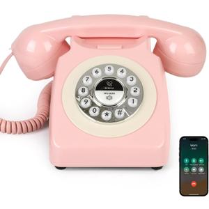 Bluetooth Landline Phone with Handset and Speakerphone, Retro Bluetooth Home Phone, Classic Bluetooth Desk Phone, Cordless Bluetooth Telephone with USB Rechargeable (Pink)