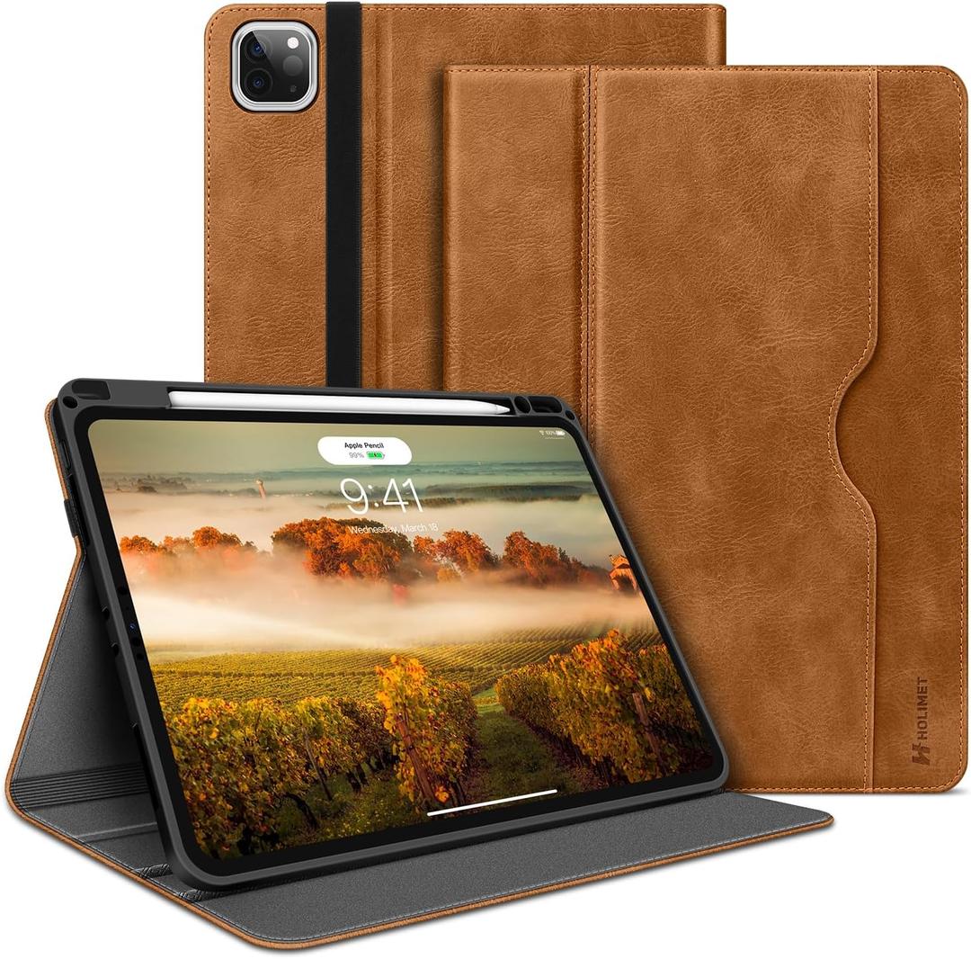 H HOLIMET Case for iPad Pro 13 inch 2024 M4 with Pencil Holder Supports Pencil Pro/Pencil Auto Sleep/Wake Function Vegan Leather Smart Stand Cover (Brown)