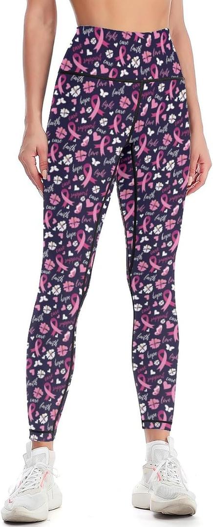Breast Cancer High Waisted Yoga Pants for Women 4-Way Stretch Soft Running Workout Leggings Athletic Yoga Pants S (Blue, S)