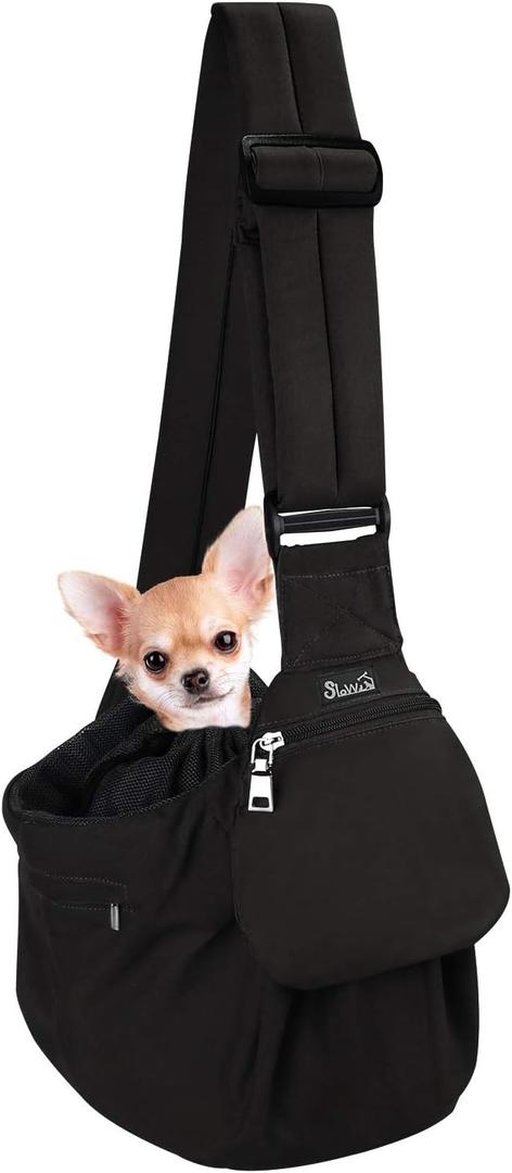 SlowTon Dog Carrier Sling - Hard Bottom Support Dog Carriers for Small Dogs with Adjustable Padded Shoulder Strap, Dog Purse for Puppy Cat Pet with Drawstring Opening Storage Zipper Pockets (Black)For Pets Up to 9 Lbs