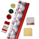 LaRibbons Christmas Wrapping Paper Sets, Classic Reindeer & Plaid Design With Ribbons & Gift Tags & Metallic Pom Pom, Perfect for Xmas, Holiday Party, 30Inch × 10Feet（ 4 Rolls: 100 Sq.Ft.Ttl）