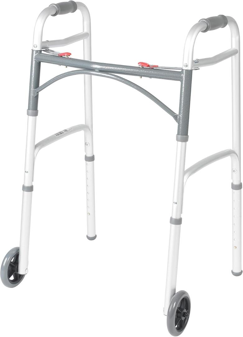 Drive Medical Two-Button Folding Walker With Wheels - Lightweight Rolling Mobility Support - Adjustable Height - Dual Push-Button Operation - 5 Inch Front Wheels - Durable Aluminum - Silver