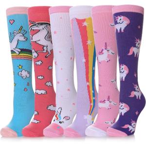 POEATEZO 3-12 Years Girls Knee High Socks Kids Funny Animal Pattern Warm Cotton Long Tall Boot Socks 6 Pairs (One Size, Pink Unicorn)