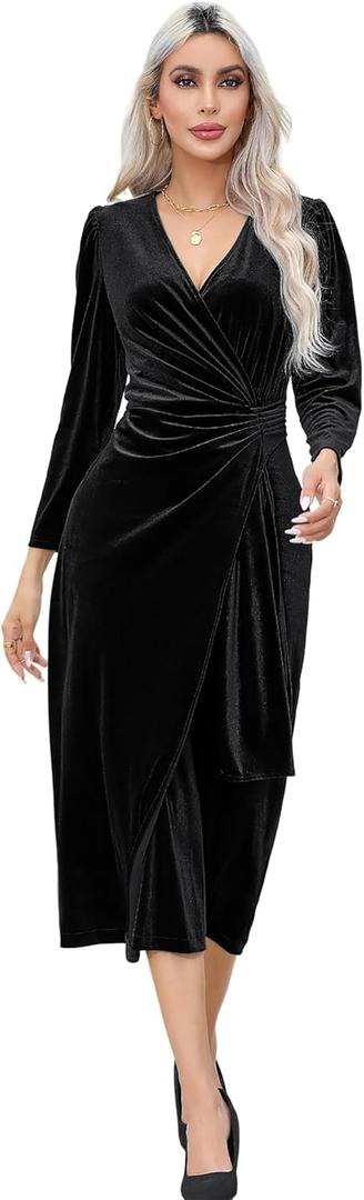 R.Vivimos Womens Velvet V Neck Wrap Dress Fall Winter Long Sleeve Waist Ruched Elastic Elegant Midi Dress (Medium, Black)