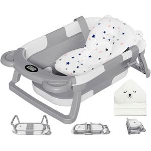MoreFeel Collapsible Baby Bathtub for Newborn with Thermometer & 1 Hooded Towel & 1 Soft Floating Cushion, Portable Travel Bathtub with Drain Hole, Durable Foldable Baby Tubs for Infants to Toddler (Grey)