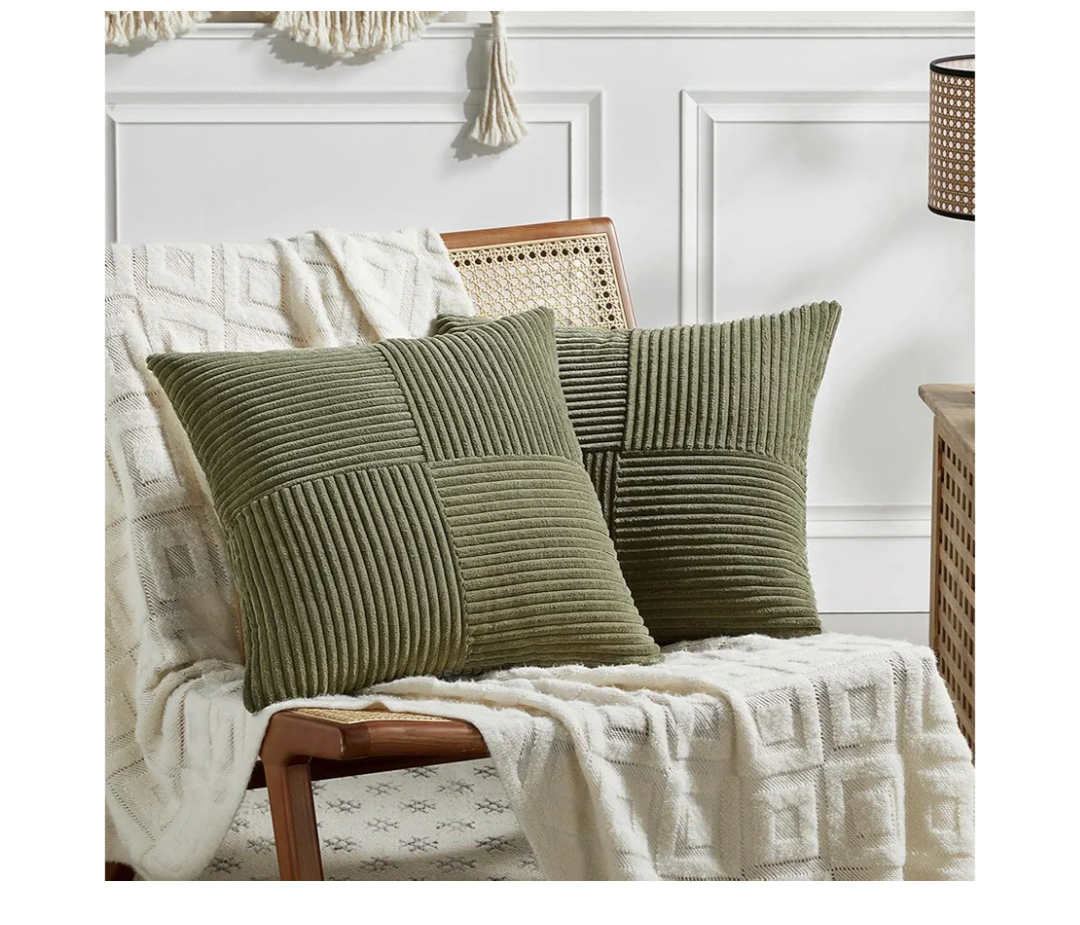 Fancy Homi 2 Packs Olive Green Euro Decorative Throw Pillow Covers 28x28 Inch Room Couch Bed, Rustic Farmhouse Boho Home Decor, Soft Corss Corduroy Patchwork Textured Cushion Case 71x71 cm