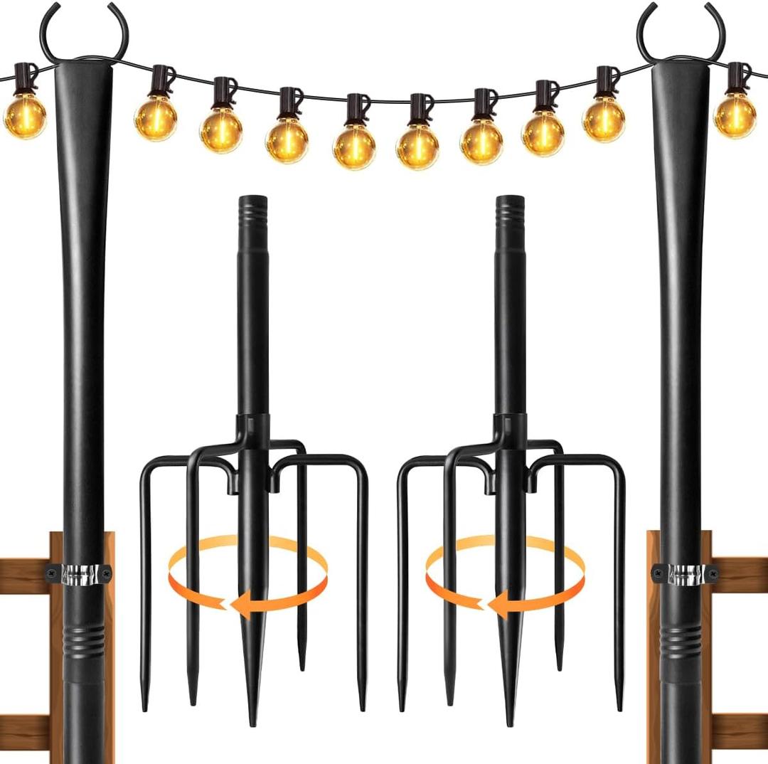 2 Pack String Light Poles for Outside, Thickened Metal Lights Hanger Pole Outdoor with Fork, Lighting Hanging Post Accessories for Patio Decor Garden Backyard Yard Front Porch Outside Decorations