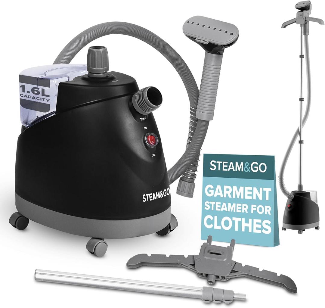 Steam & Go - The Rival Handheld Steamer - Upright Fabric Steamer for Clothes, Garments, Curtains, Bedding & Upholstery - Quick-Heating Foldable Steam Iron with Adjustable Pole Hanger & Detachable Tank (Black)