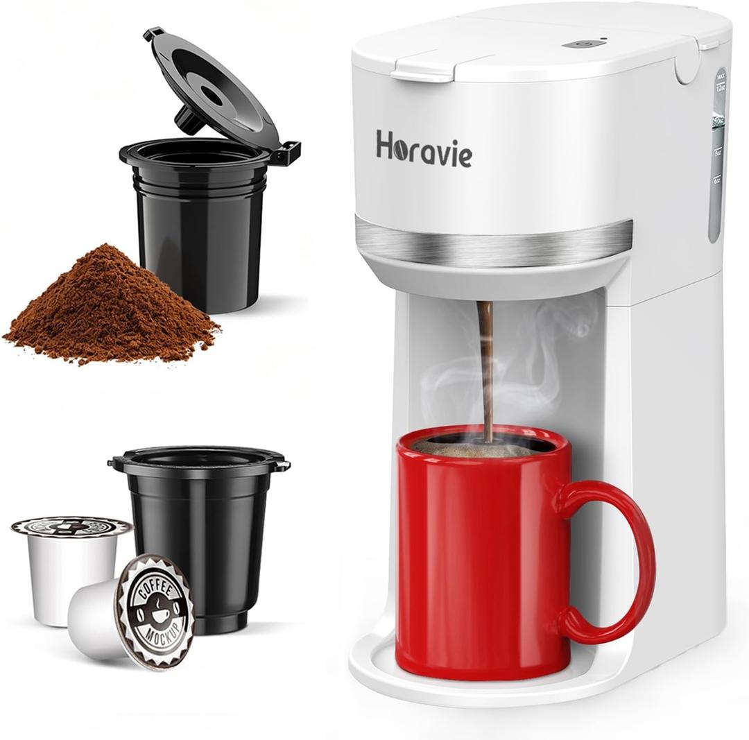 Horavie Mini Single Serve Coffee Maker for K Cup and Ground Coffee, Fast Brew One Cup Coffee Machine with Descaling Reminder and Water Window, 6 to 12 oz. Brew Sizes, White