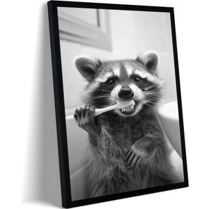 Funny Bathroom Wall Art Framed Raccoon Bathroom Pictures Wall Decor, 24"L x 16"W