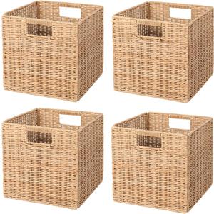 10.5 x 10.5 in Plastic Wicker Baskets for Cube Storage, Collapsible Square Wicker Storage Basket Set of 4, Rattan Storage Cube, Square Baskets for Shelves - Khaki