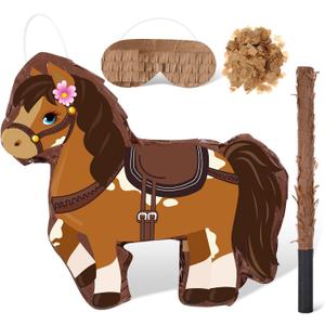 Horse Piñata Cowgirl Pinatas Brown Horse Piñata for Birthday Girl with Bat Stick Blindfold Mask for Horse Birthday Cowgirl Party Carnival Piñata Game Decor Supplies, 15 x 13.4 x 3.2 Inch