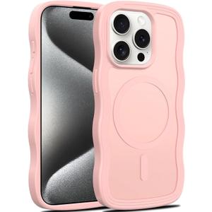 Magnetic for iPhone 15 Pro Case, (Compatible with Magsafe) Curly Wavy Frame Hard Translucent Matte Clear Back Cover for Women Men TPU Bumper Shockproof Phone Case (Pink)