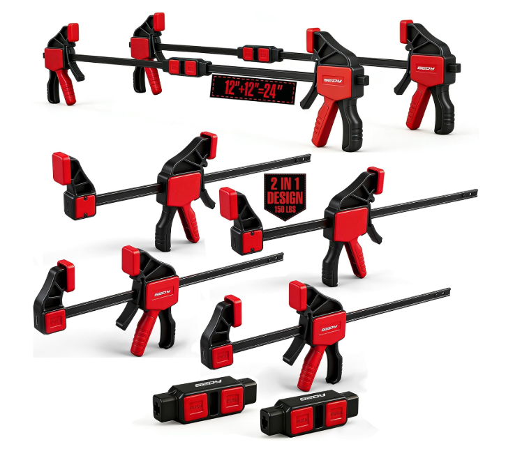 4-Piece 12 Inch Bar Clamps for Woodworking with 2-Piece Clamp Connector, 12" Quick-Release Wood Clamps with 150 LBS Load Limit, Trigger Clamp Set, One-Handed Clamps/Spreader for Woodworking(6 Pack)