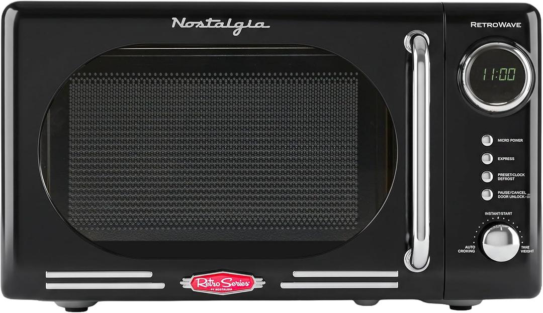 Nostalgia Retro Compact Countertop Microwave Oven - 0.7 Cu. Ft. - 700-Watts with LED Digital Display - Child Lock - Easy Clean Interior - Black