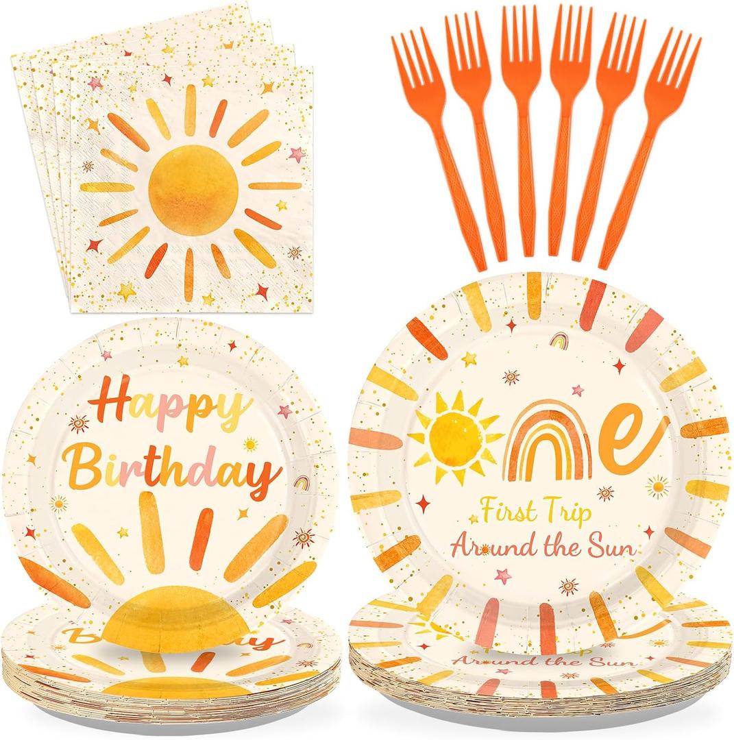 96Pcs First Trip Around the Sun Party Decorations for Girl Boho Sun 1st Birthday Plates and Napkins Sets The Sunshine Number 1 Birthday Decorations for Boho Boys One Year Old Party Supplies Serves 24