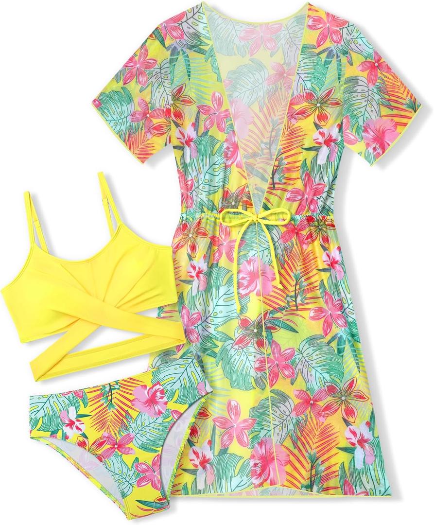 Girls Swimsuit 3 Piece Tropical Print Bikini Set Criss Cross Bathing Suit with Drawstring Quick Dry Cover Up 7-16Y (15-16 Years)