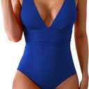 Eomenie Women's One Piece Swimsuit Tummy Control Bathing Suit V Neck Slimming 1 Piece Swimwear (Royal Blue Ribbed, S)