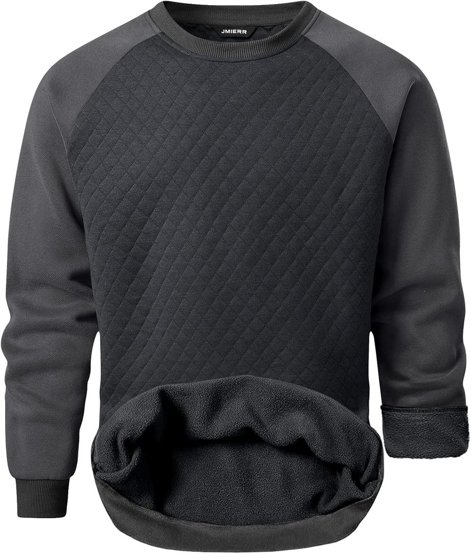 JMIERR Men's 2025 Casual Crewneck Dress Sweatshirts Pullover Fall Fleece Diamond Texture Warm Winter Comfy Long Sleeve (1 Dark Grey)