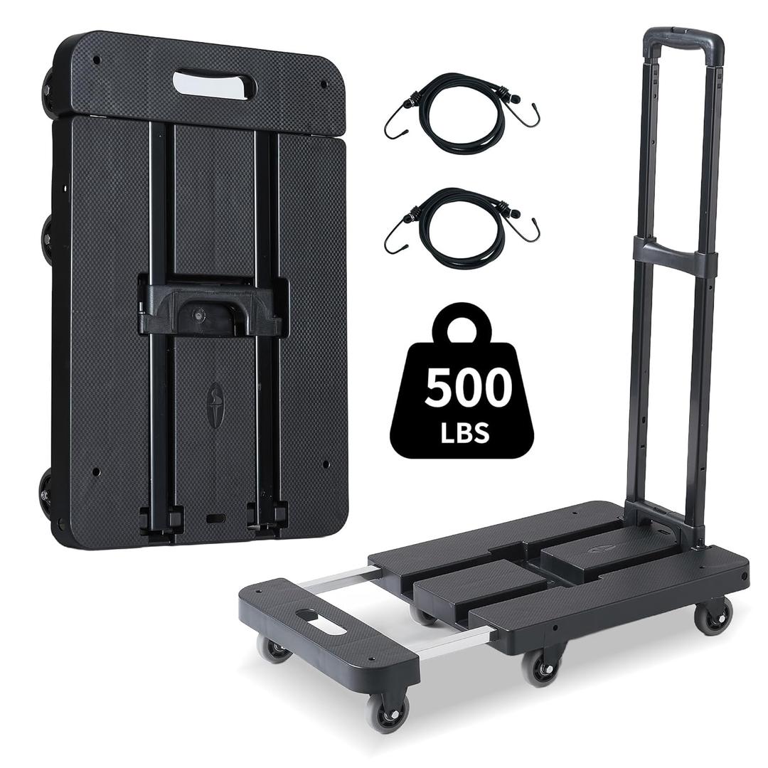 Folding Hand Truck 500 lbs, Heavy Duty Dolly Cart with 26" Widen Platform & 6 Enlarged Wheels, Portable Dolly Cart with Upright Lock for Moving, Luggage, Travel, Home, Office (Black)