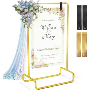 Wedding Welcome Sign Holder Personalized, 68"x32"x16.5" Gold Welcome to Our Wedding hanging Sign Holder with Leather Sign Straps, Easel Stand for Sign, Adjustable Wedding Seating Chart Stand