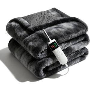 Electric Heated Blanket Throw 50''x60''Size Faux Fur Heating Blanket 10 Heating Settings, 1-8h Timer & Overheat Protection, Machine Washable, Soft Flannel and Sherpa Full Body Warmth (Stone)